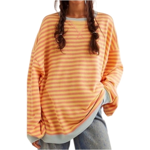 We The Free Tops - We The Free Classic Oversized Striped Crewneck, L, Tangerine Combo, NWOT